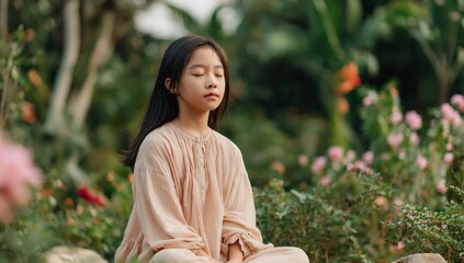 Child wellness calm young girl practicing meditation in a flower garden, eyes closed, serene natural light portrait for mindfulness, mental health, and education lifestyle content