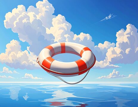 A life preserver floats serenely in a vibrant blue sky above calm ocean waters, a peaceful scene suggesting hope and safety