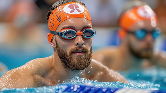 A man with a beard and orange headband is swimming in a pool - Powered by Adobe