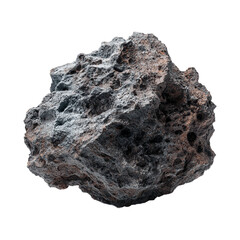 Fototapeta premium Raw natural volcanic lava rock isolated on white background – rough textured stone, geological mineral specimen, igneous rock surface design.