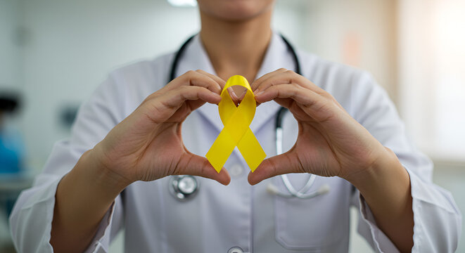 Doctor holding a yellow ribbon symbolizing childhood cancer awareness and support - Powered by Adobe
