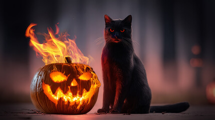 black cat sitting upright beside a flaming jack-o-lantern pumpkin on Halloween night