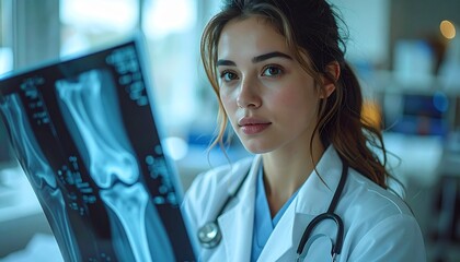 Dedicated medical professional reviews a skeletal X-ray for diagnostic purposes in a clinical environment, demonstrating focused attention on patient health analysis
