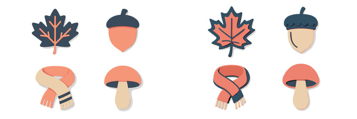 Colorful autumn-themed accessories including leaves, acorns, mushrooms, and scarves arranged neatly on a white background