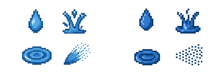 Fototapeta premium Various pixel art representations of water effects including drops and splashes in blue tones