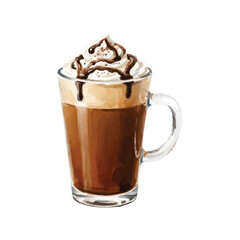 Watercolor Mocha Coffee Cup with Cream and Chocolate Vector Illustration Isolated on White Background, Sweet Café Drink Clipart for Menu and Design