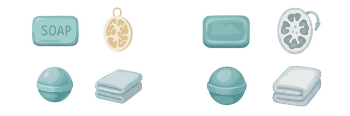 Assorted bathroom items including soap, towels, and bath products in soft colors
