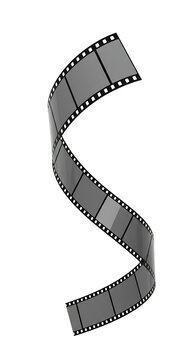 An elegantly curved piece of black and white photographic film strip, isolated on a white backdrop, symbolizing the art of filmmaking and the magic of motion pictures