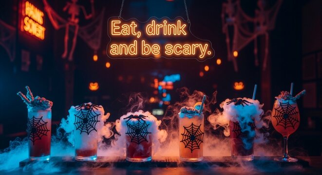 Halloween-themed cocktails with smoke and lighting in bar scene  