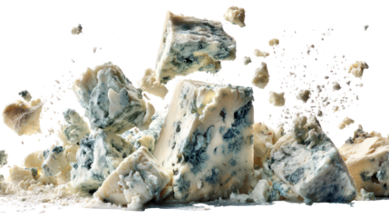 Explosion of blue cheese crumbling against a black background