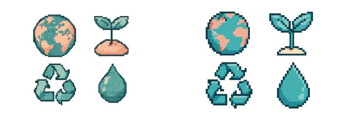 Eco-friendly symbols represent sustainability, nature, and earth conservation efforts in a pixel art style