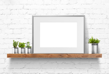 Blank picture frame mockup on wooden shelf with plants