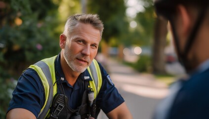 Traumatic injury care first responder reassuring cyclist, calm communication and roadside assessment in natural light candid portrait for healthcare training and community safety awareness stock