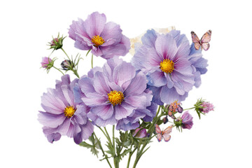 Photo of watercolor painting of purple cosmos flowers with butterflies isolated on transparent background