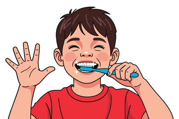 Illustration of a boy brushing his teeth isolated on white background, promoting dental hygiene, health, and the importance of regular oral care for children vector