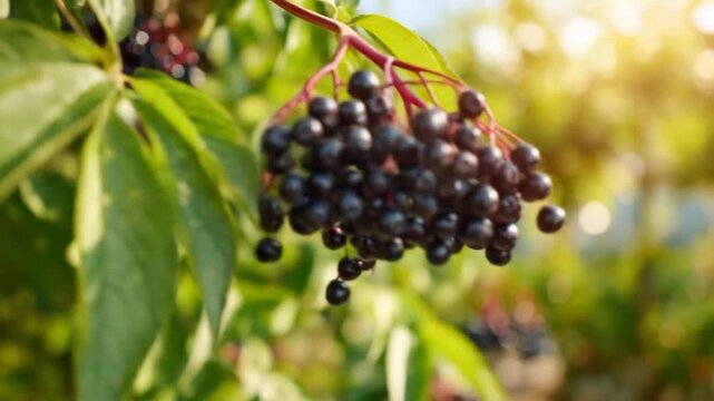 Vibrant Elderberry Clusters Ripening in Summer Sunlight, Perfect for Health and Wellness Creations