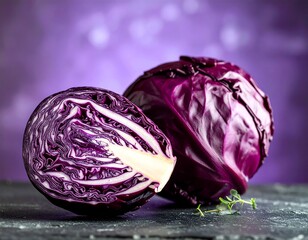Red cabbage halves on dark surface