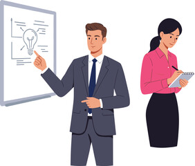 Business presentation with man in suit and woman taking notes during office meeting, idea brainstorming, teamwork, collaboration, and strategy planning