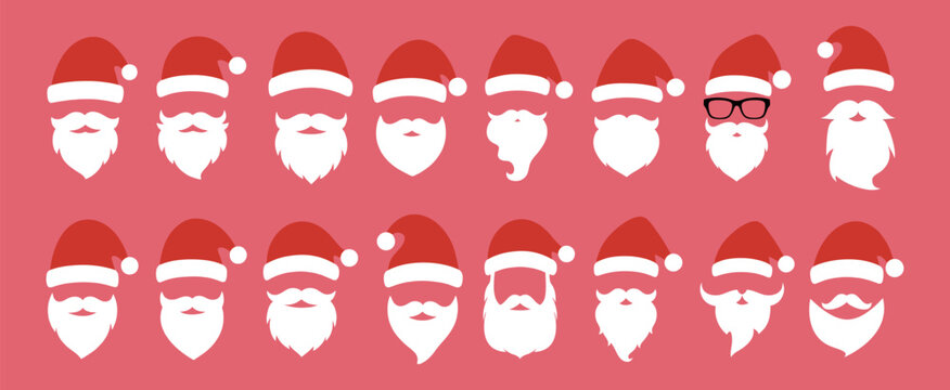 Santa hats and beards, vector Santa Christmas face with hat and festive beard