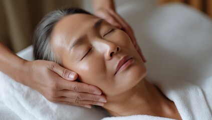 Obraz premium Dermatology treatment facial massage on mature woman, calm expression and minimal style, highlighting professional skincare and antiaging clinic therapy for wellness marketing, medical spa branding,