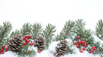 Evergreen branches with pine cones and red berries covered in snow on a white background