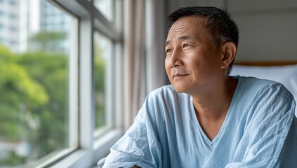Hospital beds scene with patient in recovery, hopeful gaze by window in warm sunlight, realistic portrait for healthcare communication and ward storytelling about comfort, healing, and modern care