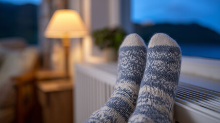 Close-up of feet in thick patterned wool socks resting on a white radiator, soft golden light from a lamp filling the room with warmth and calm