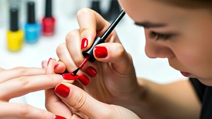 Woman applying red nail polish in a beauty salon close up view