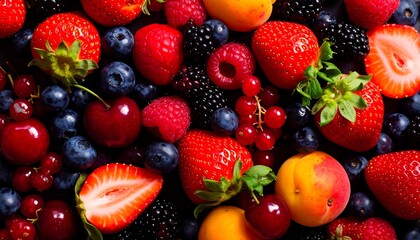 An overhead shot of a colorful mix of fresh, ripe berries and stone fruit on dark surface