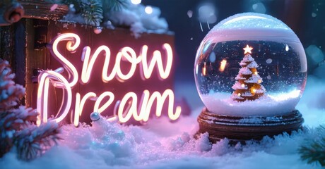 Festive scene features glowing Snow Dream sign, snow globe with miniature Christmas tree. Winter wonderland ambiance, soft lighting.