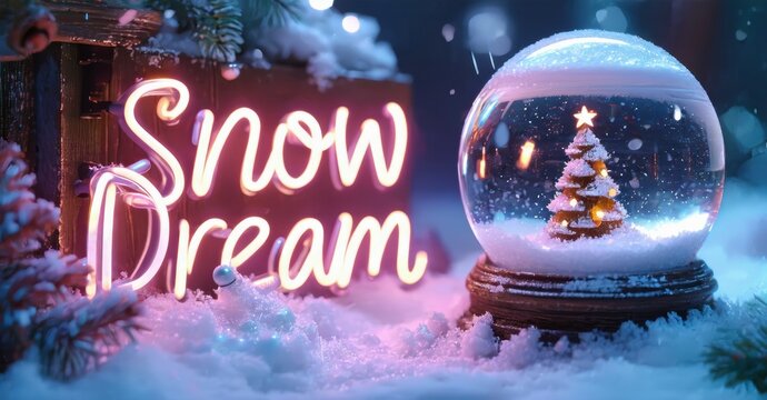 Festive scene features glowing Snow Dream sign, snow globe with miniature Christmas tree. Winter wonderland ambiance, soft lighting. - Powered by Adobe