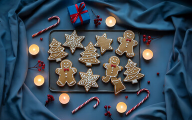 Christmas Cookie Tray with Gingerbread People, Stars, Trees, Candy Canes, Tealight Candles, Red Berries, and Gift Box, Festive Holiday Treats on Blue Fabric for Seasonal Baking, Celebration Decor.