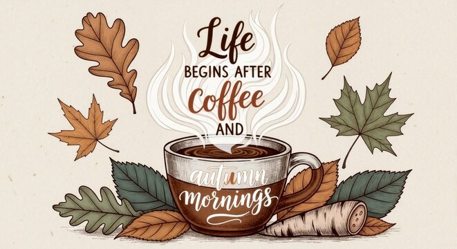 Autumn coffee mug with leaves and inspirational quote design  