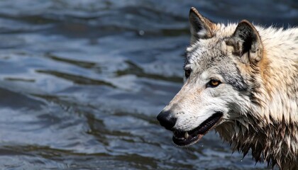 Profile portrait of a wolf emerging from rippled blue water, head turned to right