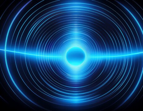 Dynamic glowing blue concentric circles create a mesmerizing futuristic tunnel effect with a bright central light, perfect for technology, innovation, and abstract concepts.