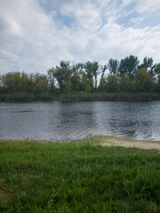 Tranquil riverbank scene featuring lush green grass, calm water reflecting cloudy sky, and trees lining the shore, creating a serene natural environment for relaxation and contemplation