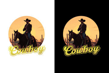 Illustration of a cowboy riding a horse at sunset with 'Cowboy' script typography, ideal for western apparel, country themes, and vintage graphic designs