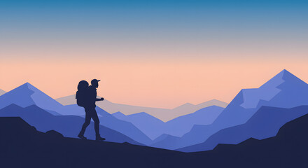 Silhouette of a hiker with a backpack on a mountain ridge pointing towards a vast mountain range during a scenic sunrise or sunset
