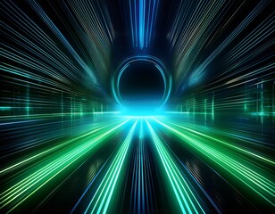 Dynamic neon tunnel with glowing blue and green light streaks creating a sense of speed and futuristic travel into a bright digital portal