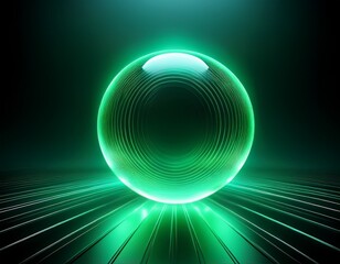 Luminous green orb pulsates with energy, casting a vibrant glow on a sleek, reflective surface, symbolizing innovation, technology, and the future of digital transformation.