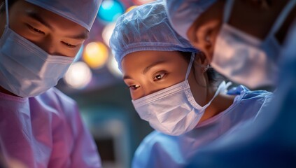 Emergency room surgical team in sterile masks, focused and calm under bright operating lights, cinematic close-up realism for hospital marketing, healthcare education, crisis response visuals