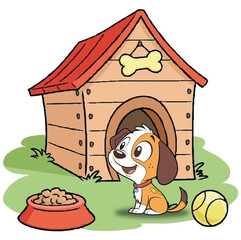 A  dog sitting in front of a dog house