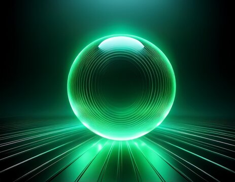 Luminous green orb pulsates with energy, casting a vibrant glow on a sleek, reflective surface, symbolizing innovation, technology, and the future of digital transformation. - Powered by Adobe