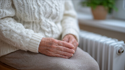 Wrinkled hands of elderly woman cupping radiator heater, close-up detail with soft focus on cozy home interior, peaceful winter setting