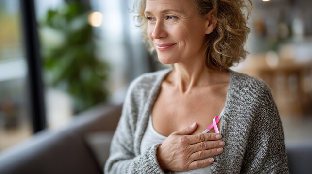 Side view of woman pressing her chest in a calm, reflective pose, pink ribbon emblem faintly visible in corner, promoting prevention and awareness