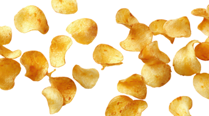 Crispy golden potato chips scattered on a dark background