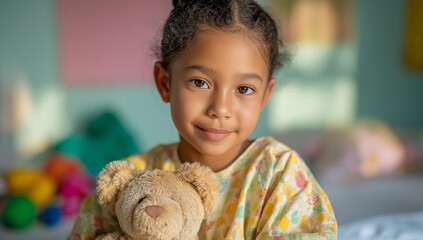 Hospital gown child patient smiling portrait with teddy bear, calm and hopeful pediatric comfort, soft light candid style, healthcare marketing visual for compassionate clinic care messaging
