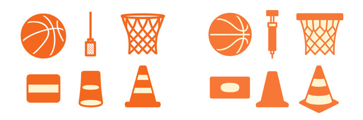 Basketball elements and tools displayed in orange color against a simple background