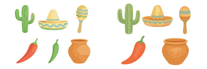 Colorful art elements representing Mexican culture with sombreros, maracas, cacti, and chili peppers for festive design