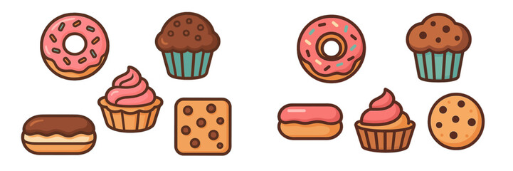 Colorful assortment of desserts featuring donuts, cupcakes, and cookies on a simple white background